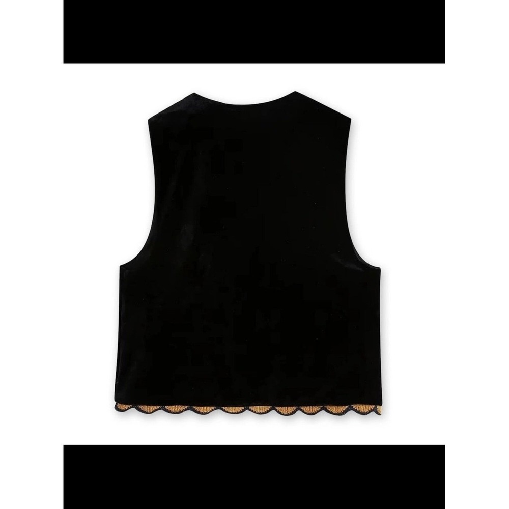 Vintage Black Velvet Embroidered Floral Open Front Vest Boho Folk Art Scalloped - Picture 3 of 7